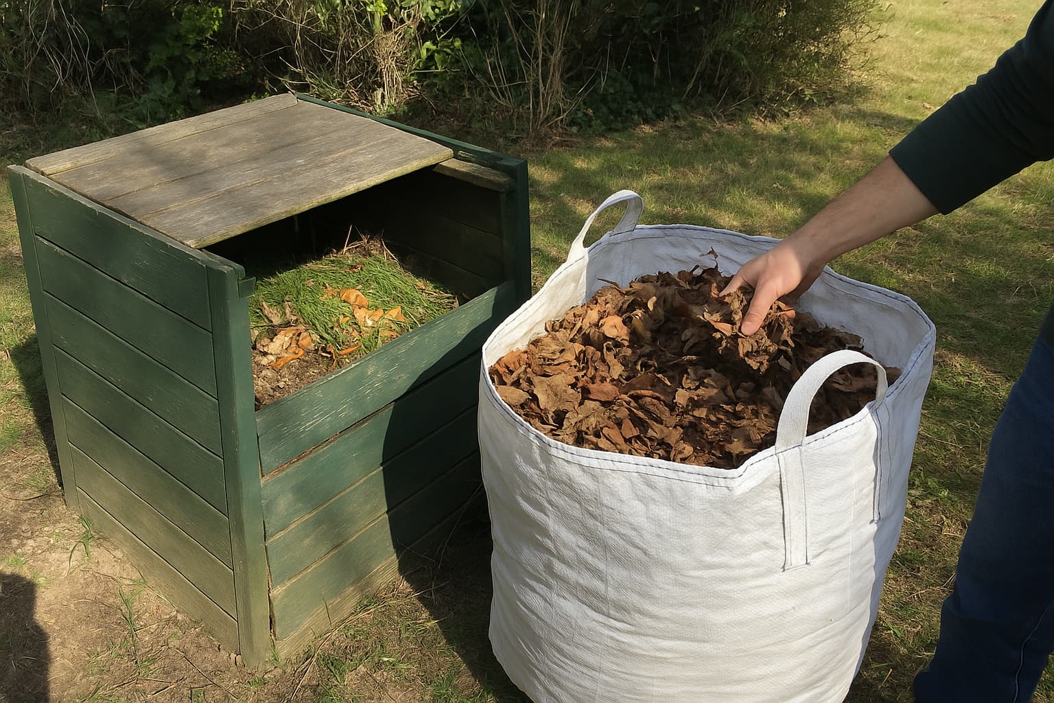 Illustration : L'équilibre verts-bruns du compost, réglé une fois pour toutes avec une réserve de feuilles