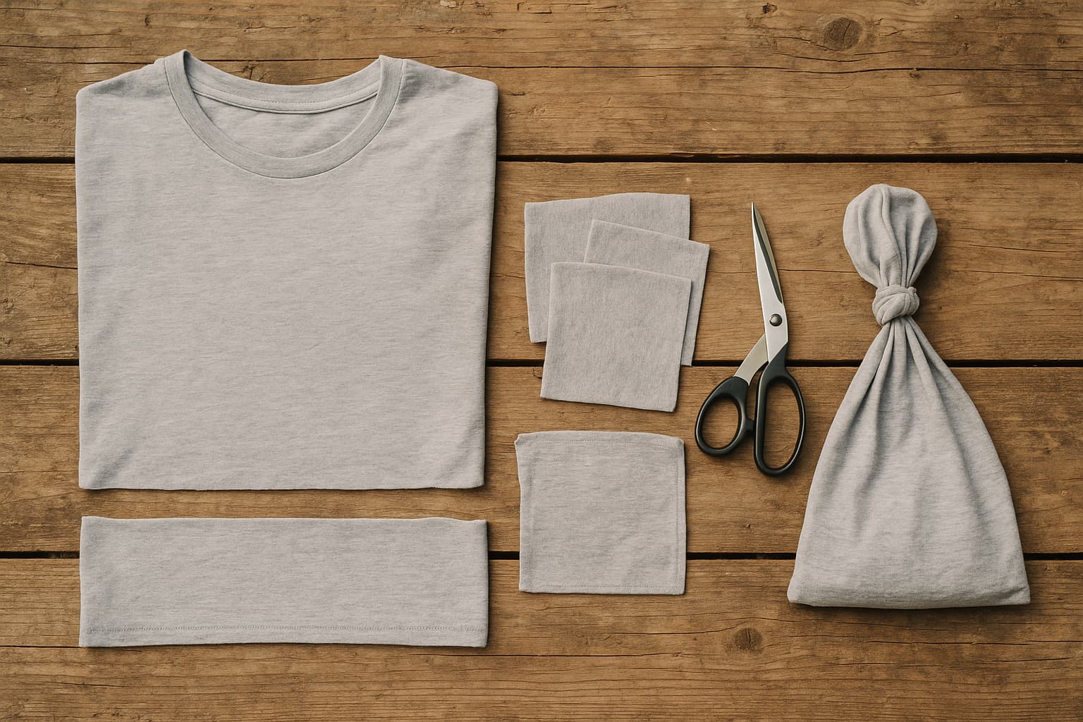 Illustration : Un vieux t-shirt devient chiffons, lingettes ou sac : trois découpes sans machine