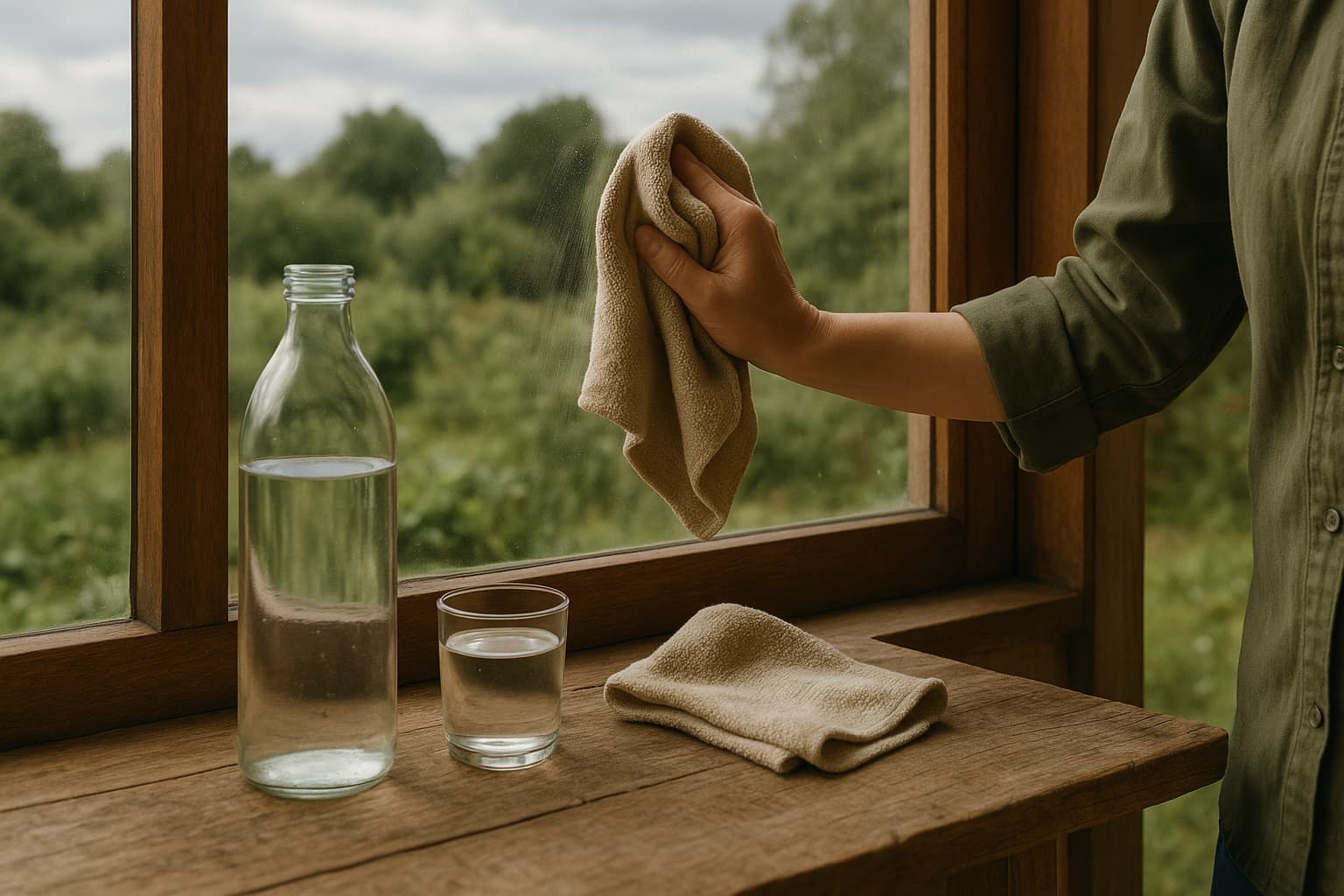 Illustration : Nettoyer les vitres sans produit du commerce : eau vinaigrée, microfibre et ciel couvert