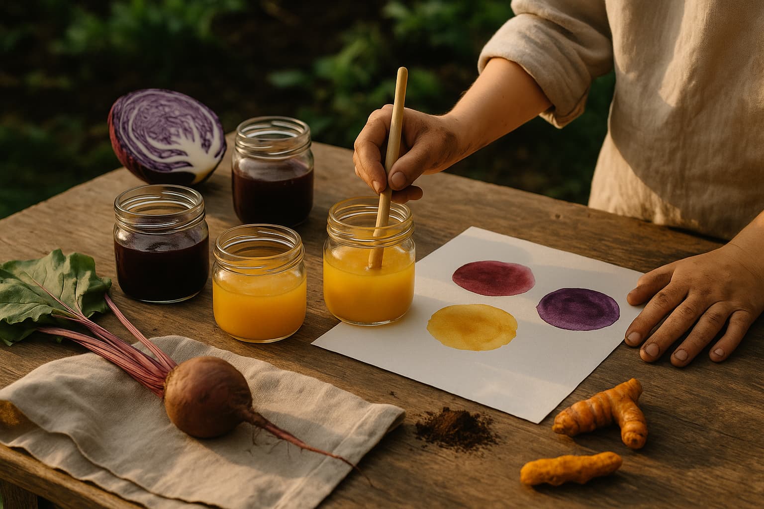 Illustration : Peindre avec les restes de cuisine : chou rouge, curcuma, betterave et marc de café comme palette