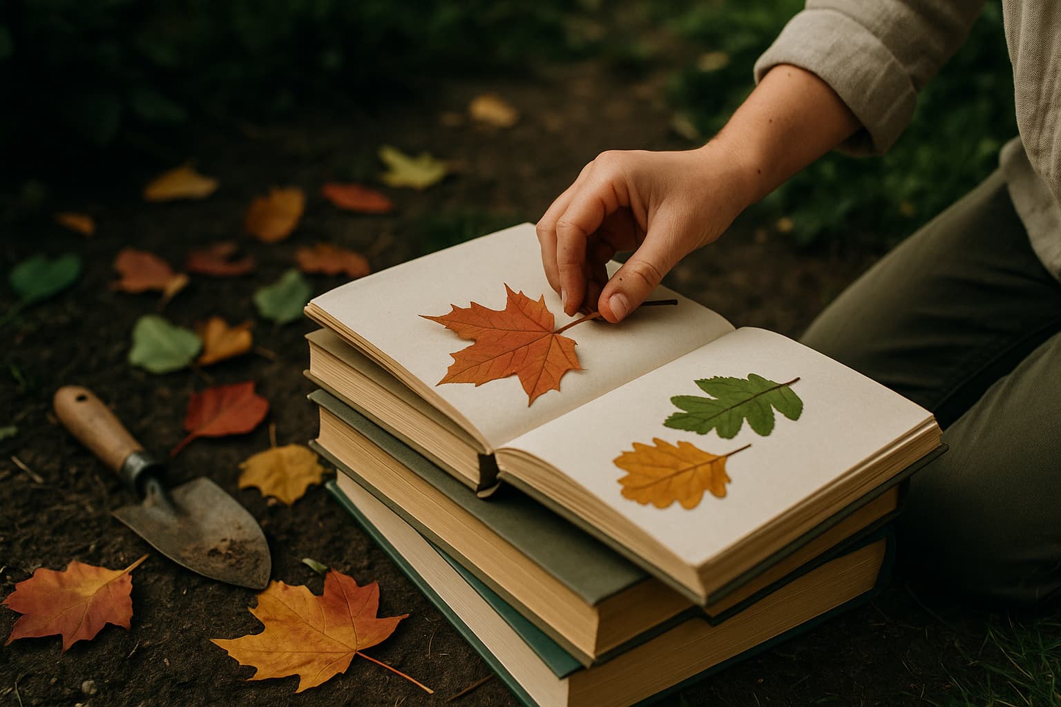Illustration : L'herbier d'automne : des feuilles tombées, une pile de livres et deux semaines de patience assumée