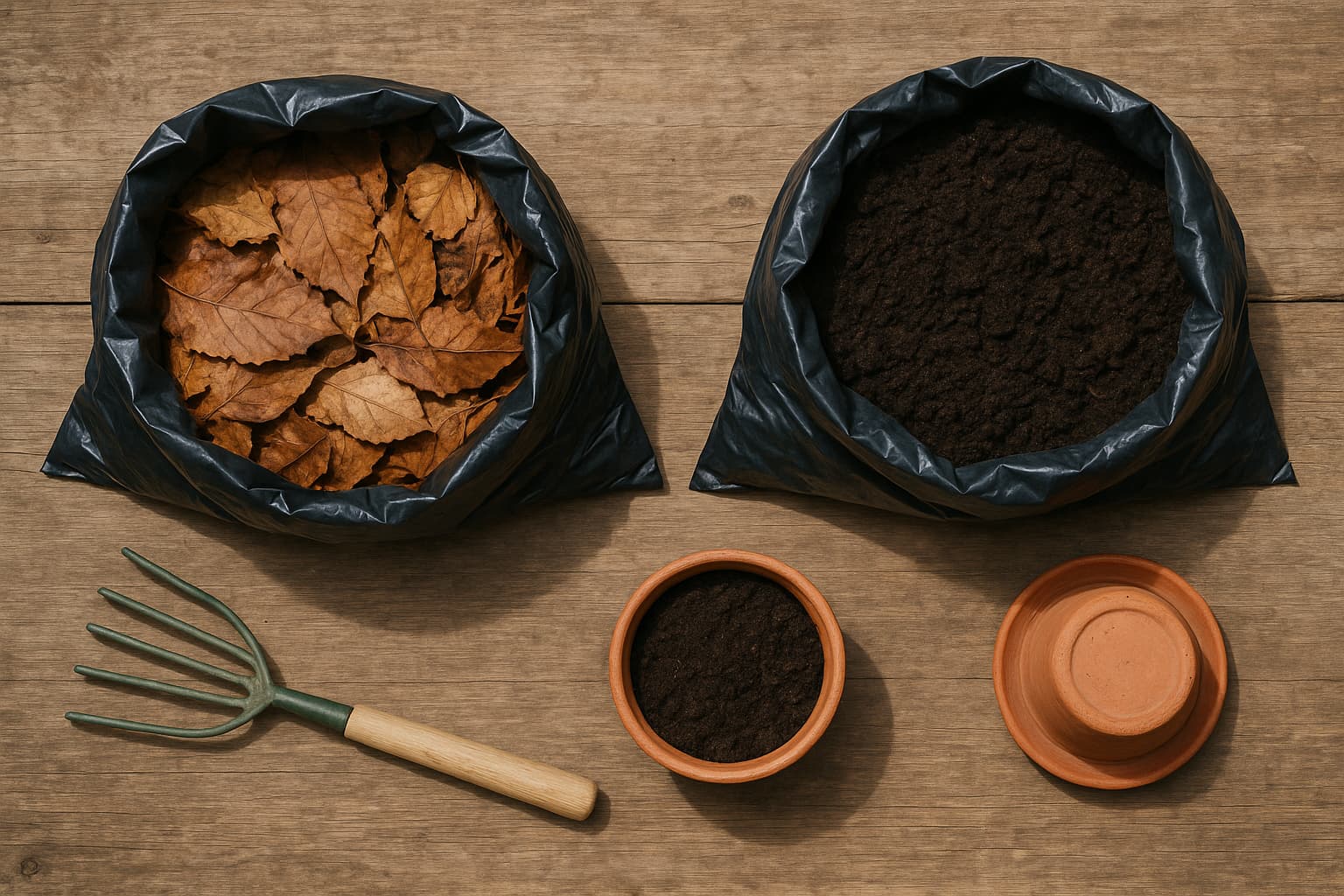 Illustration : Transformer les feuilles mortes en terreau gratuit avec deux sacs et un an de patience