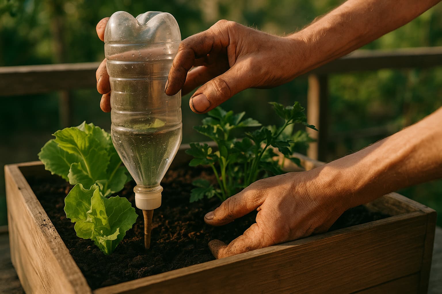 Illustration : Un goutte-à-goutte gratuit avec une bouteille pour laisser son balcon plusieurs jours sans arrosage